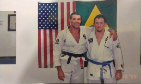 A young blue belt Josh Johnson with Fabio Santos in 1999.  