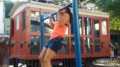 Bored in Brasil....Shannon goes to hit a couple sets of pull-ups in the park